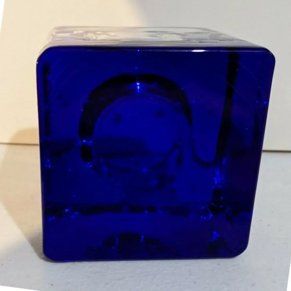Heavy Art Glass Cobalt Blue Clear Votive Candle Holder Square Paper Clip Weight